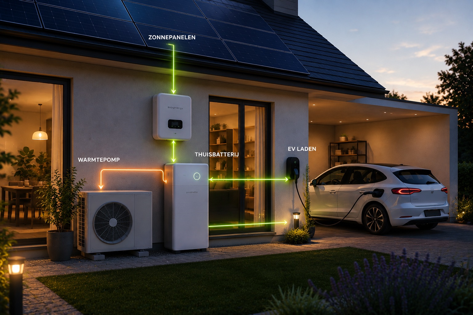 SSlim energiebeheer met zonnepanelen, thuisbatterij, warmtepomp en EV laden bij moderne woning