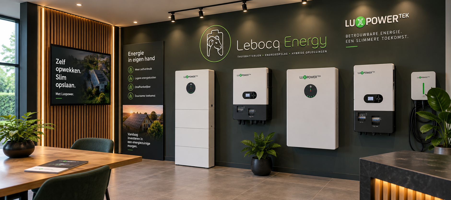 LuxPower thuisbatterijen en hybride omvormers in de showroom van Lebocq Energy in Helmond