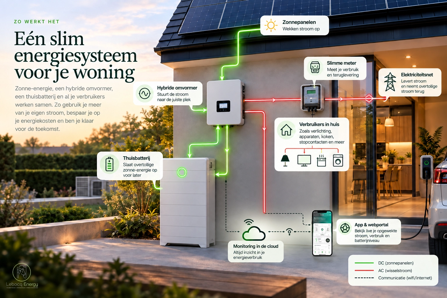 Uitleg van de werking van zonnepanelen, hybride omvormer, thuisbatterij en energieverbruik