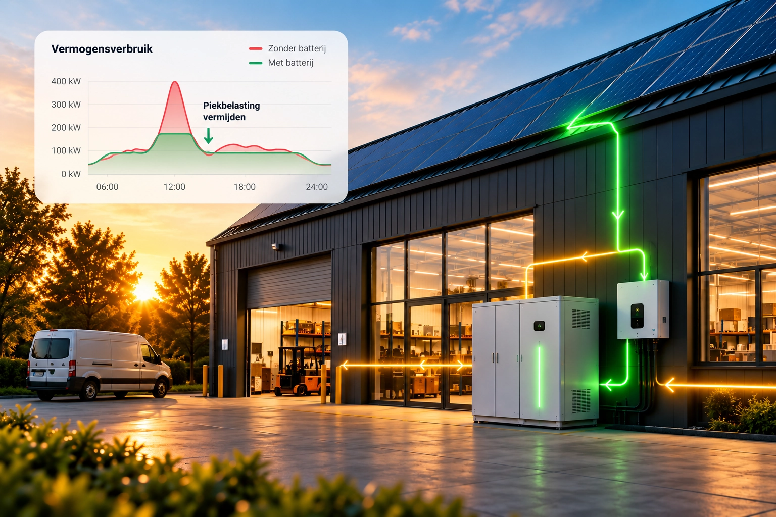 Peak shaving met zakelijke batterij bij een bedrijf met zonnepanelen