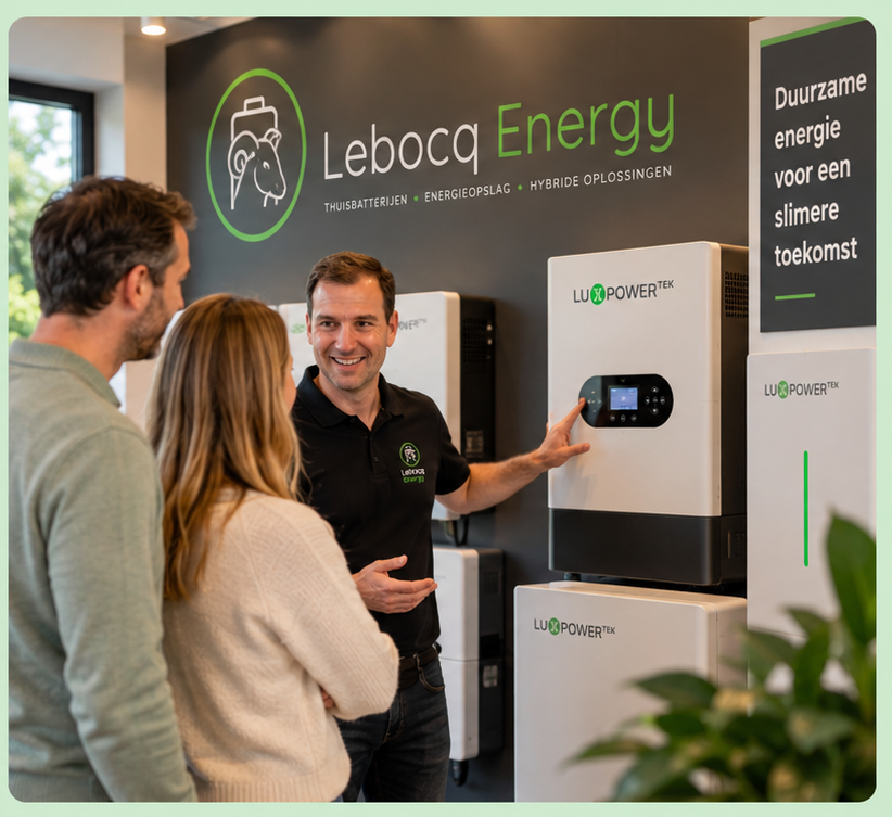 Bekijk LuxPower thuisbatterijen en hybride omvormers in de showroom van Lebocq Energy in Helmond