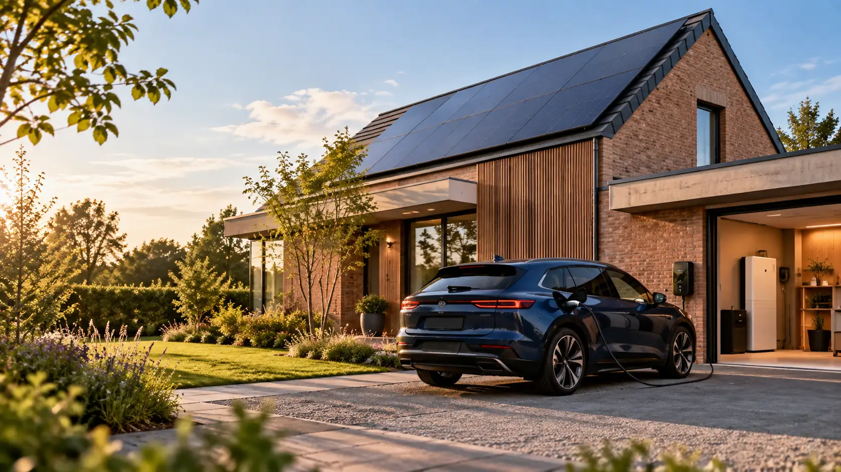 Thuisbatterij en elektrische auto laden met zonnepanelen bij een woning