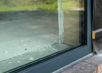 foto van een Le Bocq aluminium kozijn in een nieuwbouwwoning in aanbouw. Je ziet dat het glas er al in zit. De details van het alumnium kozijn in de hoek zijn goed zichtbaar.