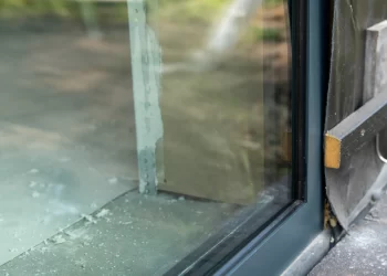 foto van een Le Bocq aluminium kozijn in een nieuwbouwwoning in aanbouw. Je ziet dat het glas er al in zit. De details van het alumnium kozijn in de hoek zijn goed zichtbaar.