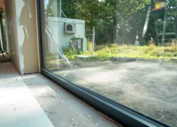 aluminium kozijn iets verder weg in de aanbouw van een nieuwbouwwoning, voorzien van triple glas