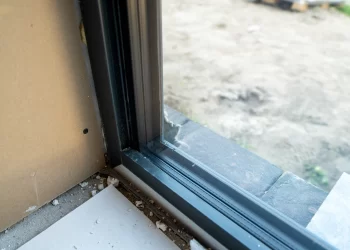 foto van een Le Bocq aluminium kozijn in een nieuwbouwwoning in aanbouw. Je ziet dat het glas er al in zit. De details van het alumnium kozijn in de hoek zijn goed zichtbaar.